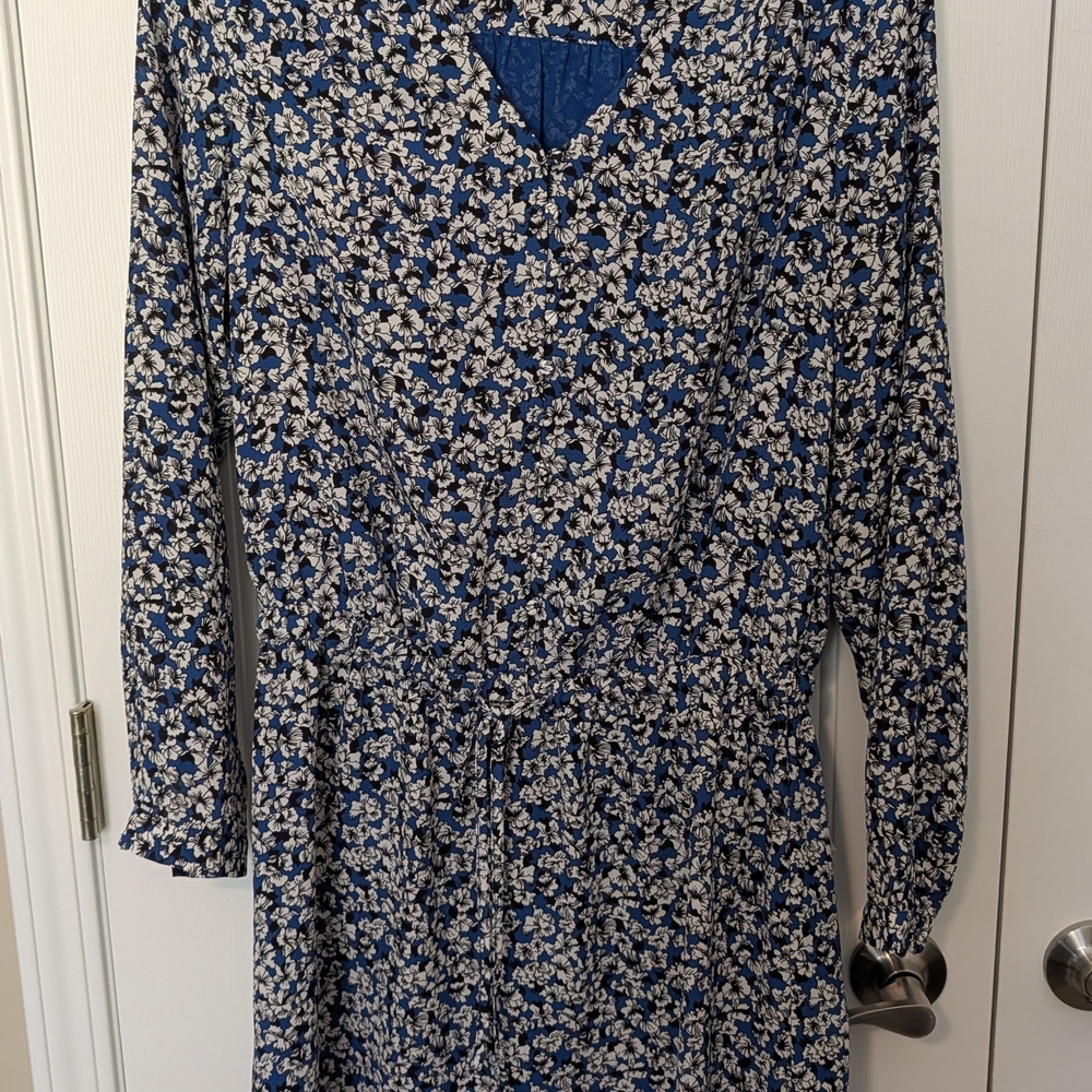 Dalia Blue and White Floral Wrap Long-Sleeve Dress